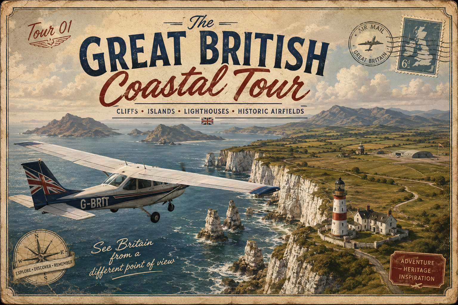 Vintage postcard artwork for The Great British Coastal Tour showing a light aircraft over Britain's coastline, white cliffs and a lighthouse.