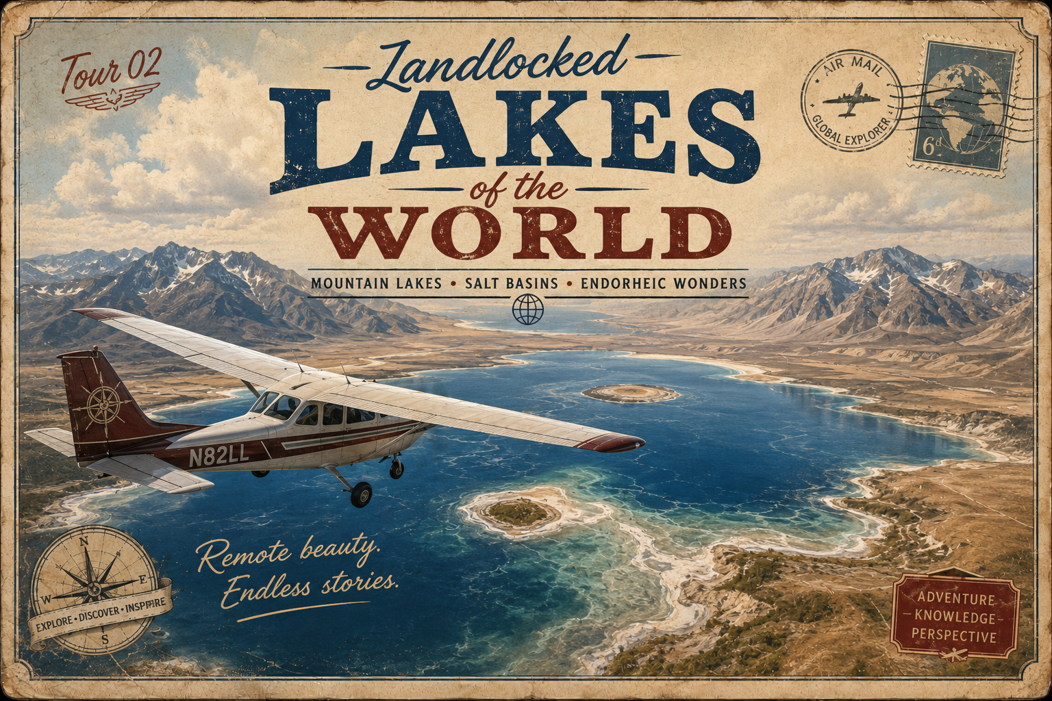 Vintage postcard artwork for Landlocked Lakes of the World showing a light aircraft over a vast inland lake surrounded by mountains.