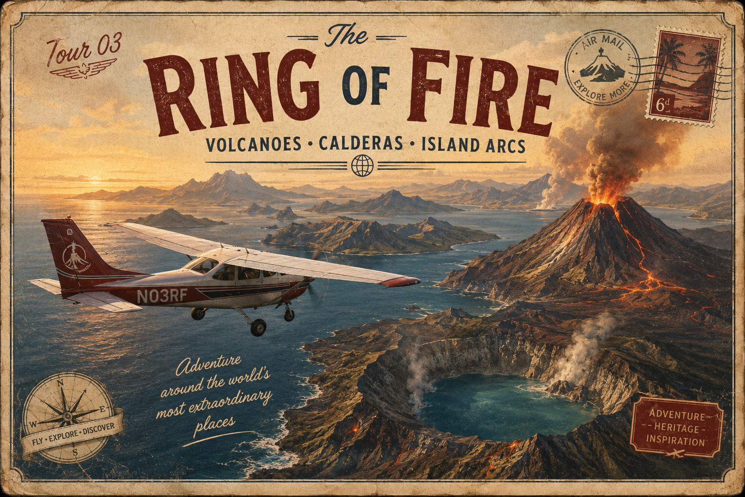 Vintage postcard artwork for The Ring of Fire showing a light aircraft over volcanic islands, a caldera lake and an erupting volcano.